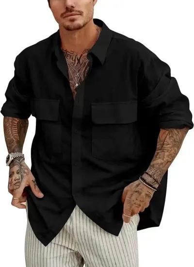 Men Fashion Casual Solid Color Double Pocket Linen Long Sleeve Lapel Shirt
