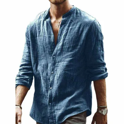 Men Casual Solid Color Linen Stand Collar Long Sleeve Shirt