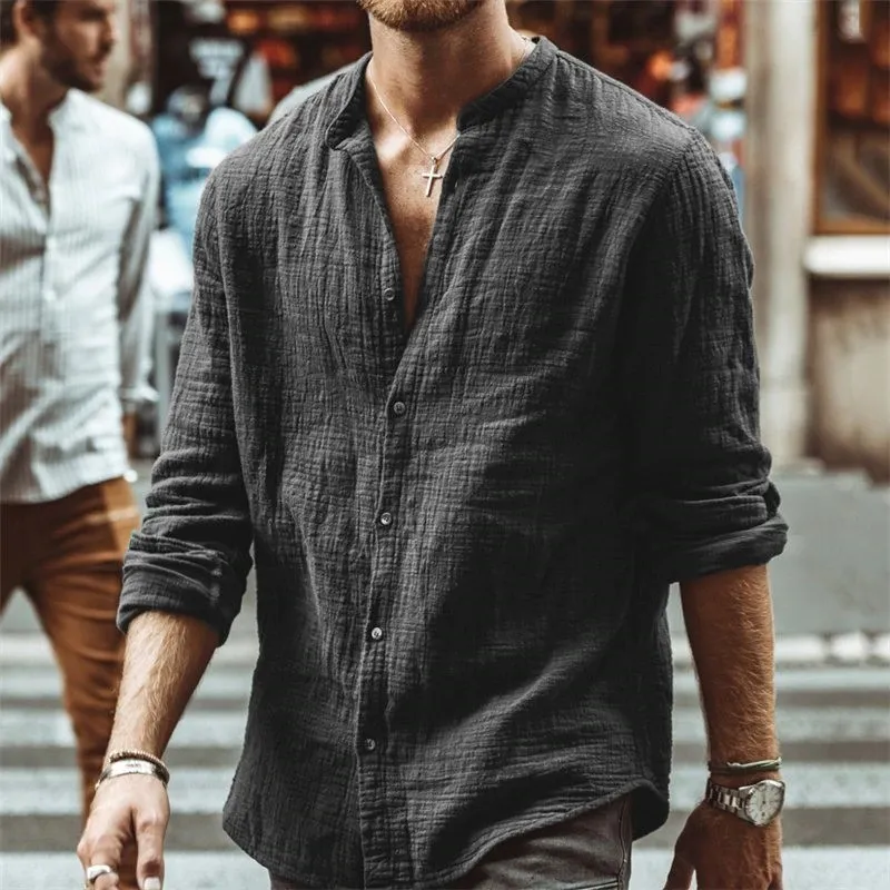Men Casual Solid Color Linen Stand Collar Long Sleeve Shirt