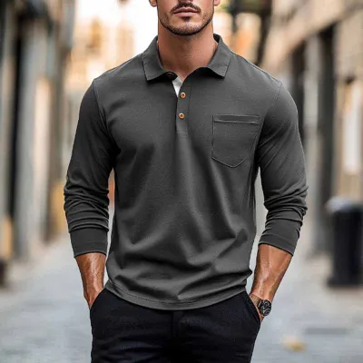 Men Fashion Casual Solid Color Long Sleeve Lapel POLO Shirt