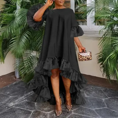 Women Plus Size Casual Mesh Stitching Irregular Hem Street Hipster Dress