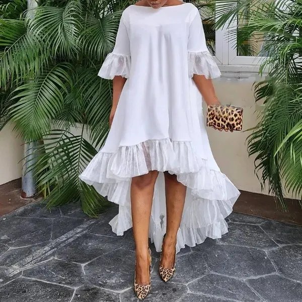 Women Plus Size Casual Mesh Stitching Irregular Hem Street Hipster Dress