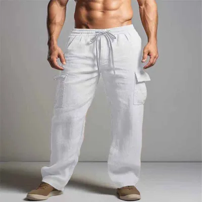 Men Fashion Casual Solid Color Plus Size Cotton And Linen Cargo Pants