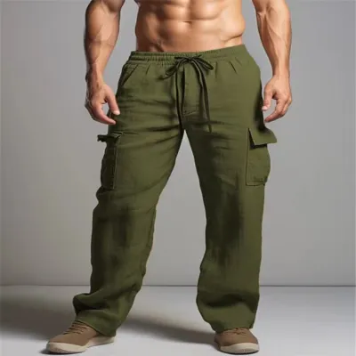 Men Fashion Casual Solid Color Plus Size Cotton Linen Cargo Pants