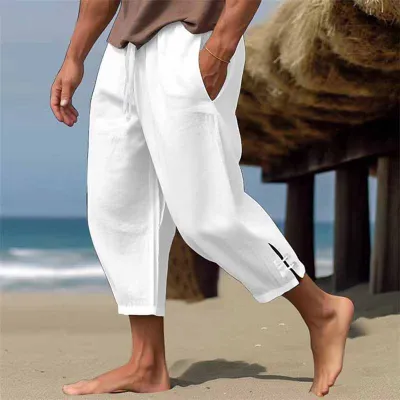 Men Fashion Casual Solid Color Plus Size Linen Ninth Pants