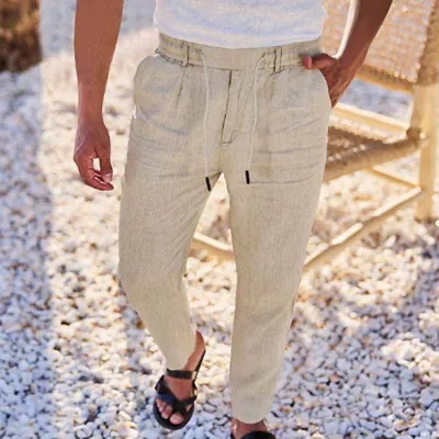 Men Fashion Casual Solid Color Cotton And Linen Pants
