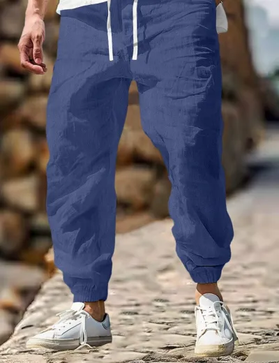 Men Fashion Casual Solid Color Cotton Straight Tube Long Pants