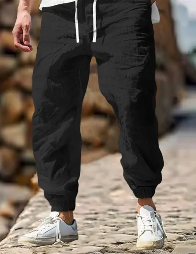 Men Fashion Casual Solid Color Cotton Straight Tube Long Pants