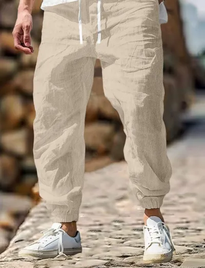 Men Fashion Casual Solid Color Cotton Straight Tube Long Pants