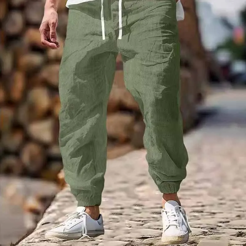 Men Fashion Casual Solid Color Cotton Straight Tube Long Pants