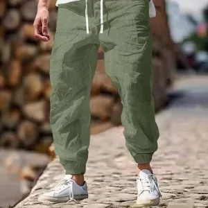 Men Fashion Casual Solid Color Cotton Straight Tube Long Pants