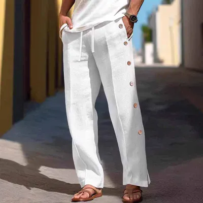 Men Fashion Casual Solid Color Linen Pants
