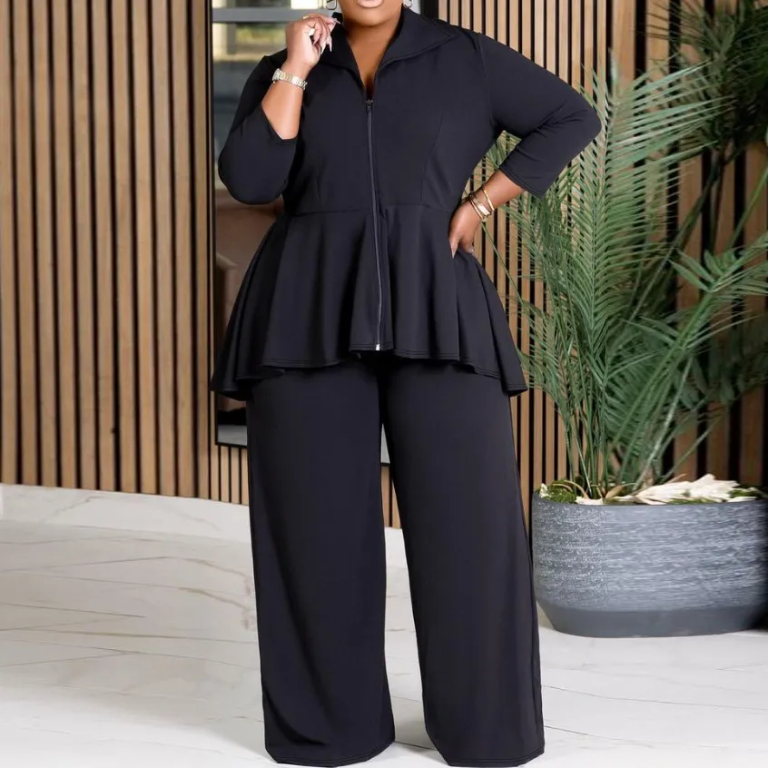 Women Plus Size Solid Color Polyester Top And Wide Leg Pants Set