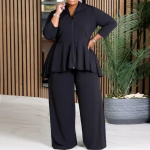 Women Plus Size Solid Color Polyester Top And Wide Leg Pants Set