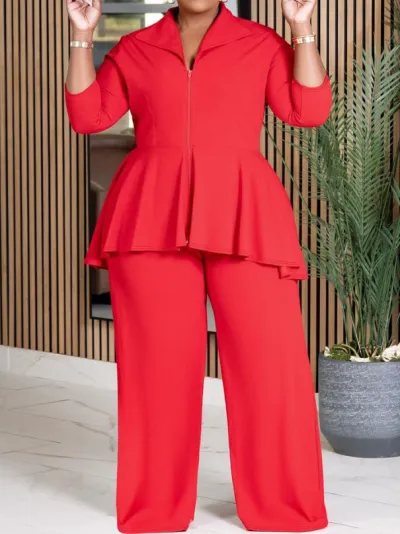 Women Plus Size Solid Color Polyester Top And Wide Leg Pants Set