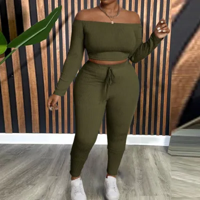 Conjunto de dos piezas de top y pantalón con hombros descubiertos de color liso para mujer, talla grande, a la moda