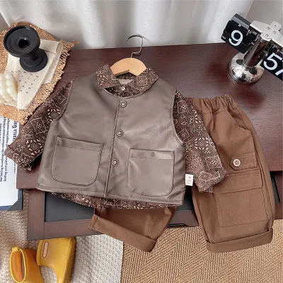 Boys Fashion Casual Pu Leather Vest Lapel Long Sleeve Printed Blouse Pants Three-Piece Set