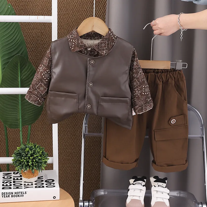 Boys Fashion Casual Pu Leather Vest Lapel Long Sleeve Printed Blouse Pants Three-Piece Set