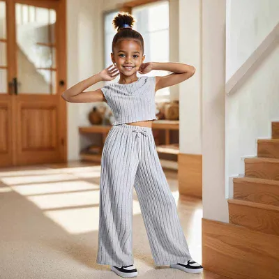 Kids Toddler Girls Casual Rib-Knit Short Sleeve T-Shirt Wide Leg Trousers 2-Piece Set