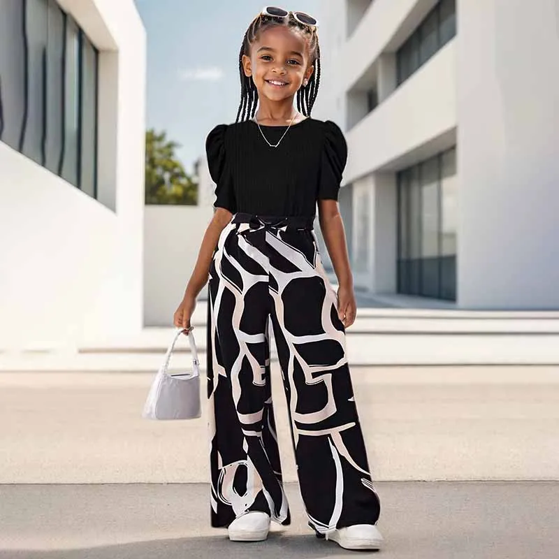 Kids Toddler Girls Fashion Casual Short-Sleeved T-Shirt Wide Leg Trousers Sets - 2 Piece Polyester Pullover Outfit