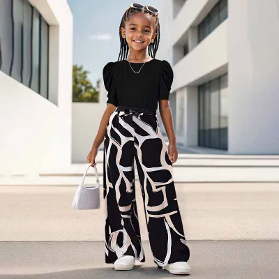 Kids Toddler Girls Fashion Casual Short-Sleeved T-Shirt Wide Leg Trousers Sets - 2 Piece Polyester Pullover Outfit