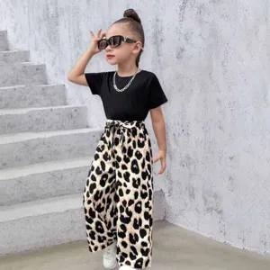 Kids Toddler Girls Fashion Casual Short Sleeve Leopard Print T-Shirt and Shorts Two-Piece Set