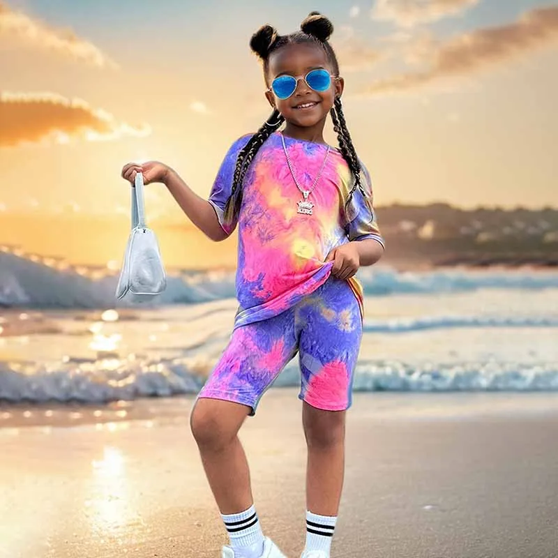 Kids Toddler Girls Fashion Casual Tie Dye Short Sleeve T-Shirt Shorts Sets