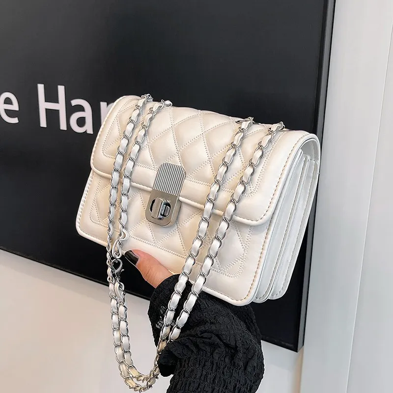 Women Fashion Casual Solid Color Rhombic Chain Small Square PU Shoulder Bag