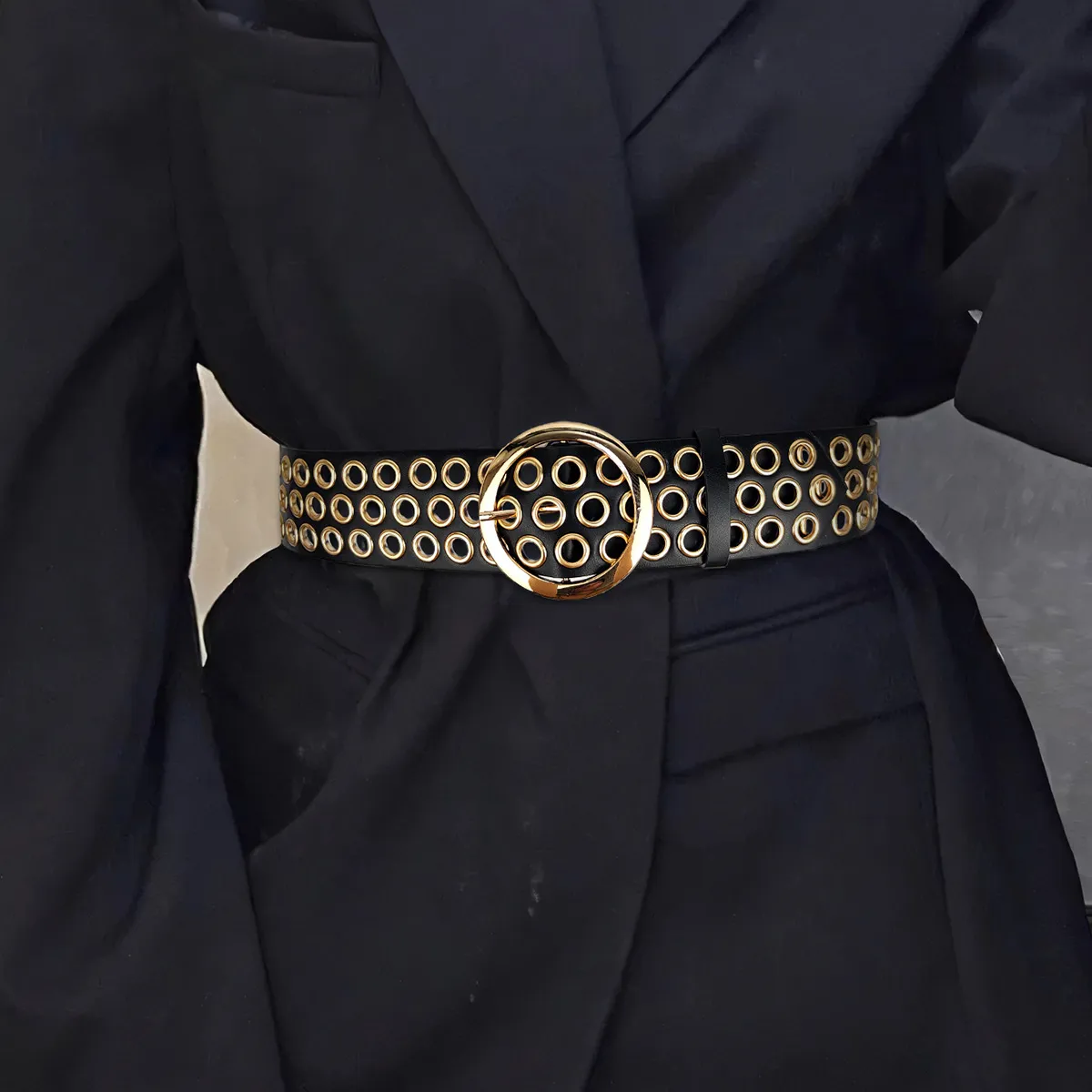 Women's Fashion Punk Rivet Hollow Wide PU Leather Belt