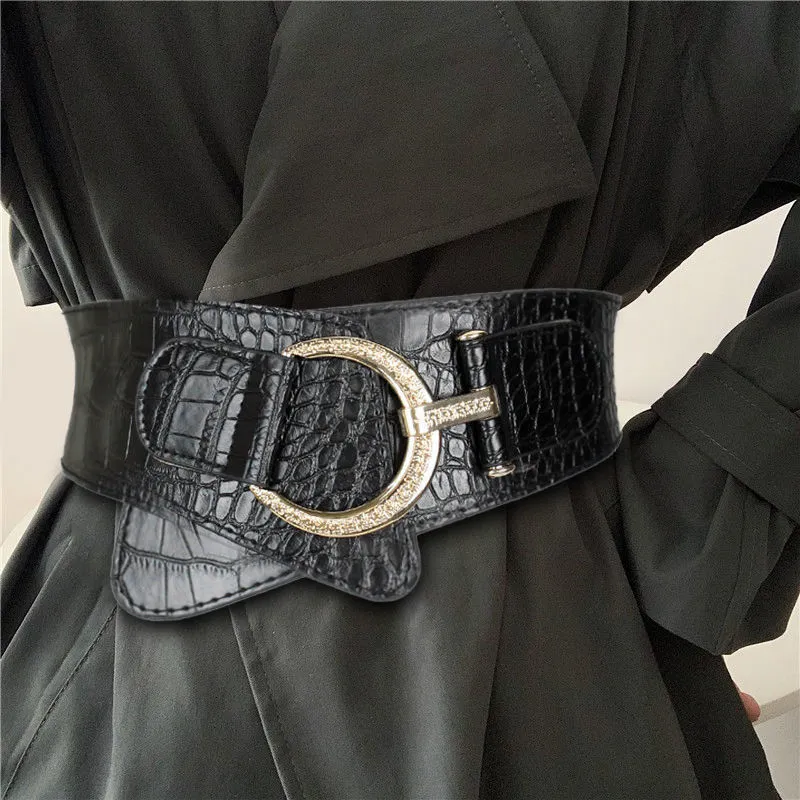 Women Punk Solid Color Irregular Wide Imitation Leather Belt with Hook Buckle