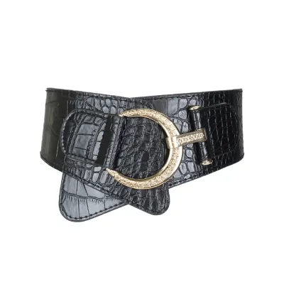 Women Punk Solid Color Irregular Wide Imitation Leather Belt with Hook Buckle