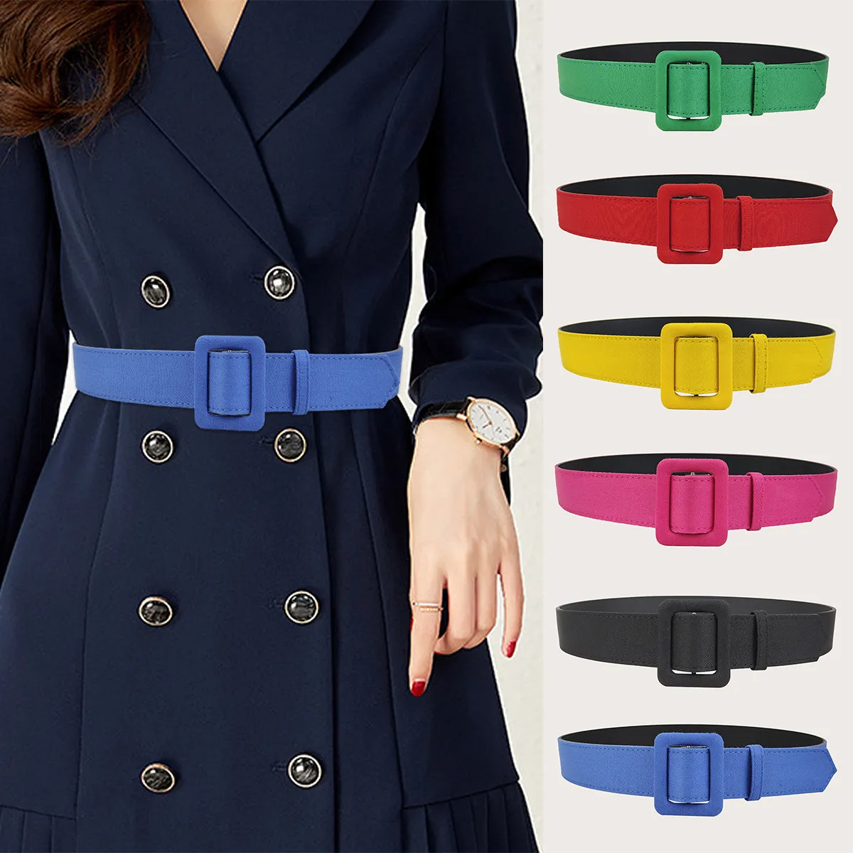Women Fashion Solid Color Square Buckle PU Leather Belt