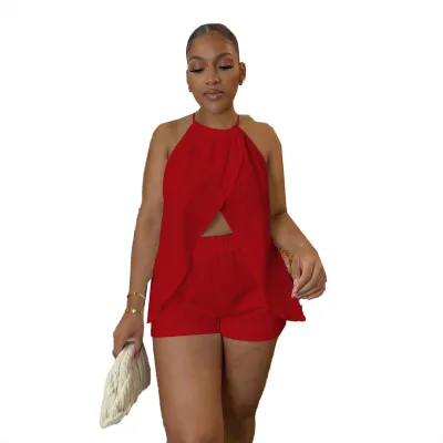 Women Fashion Sexy Solid Color Sleeveless Split Top Slim Fit Shorts Two-Piece Set
