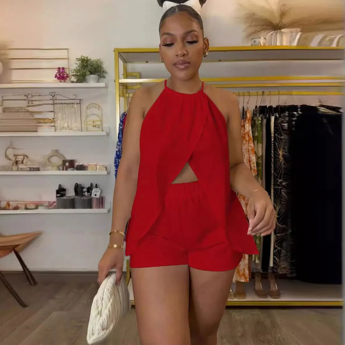 Women Fashion Sexy Solid Color Sleeveless Split Top Slim Fit Shorts Two-Piece Set