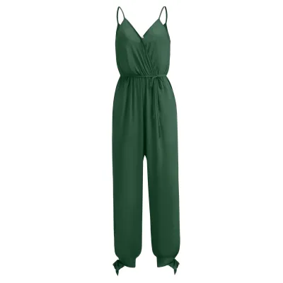 Women Fashion Sexy Printed V-Neck Spaghetti Strap Backless Lace-Up Jumpsuit