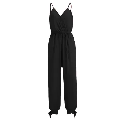 Women Fashion Sexy Printed V-Neck Spaghetti Strap Backless Lace-Up Jumpsuit