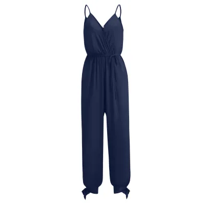 Women Fashion Sexy Printed V-Neck Spaghetti Strap Backless Lace-Up Jumpsuit