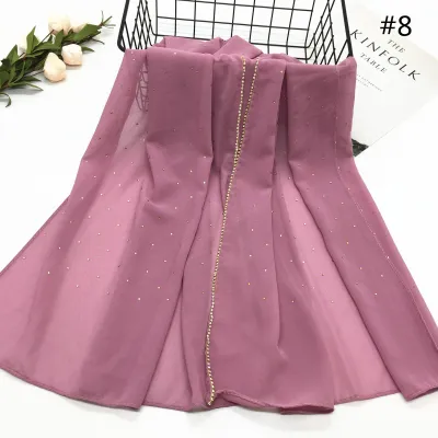 Women Casual Solid Color Chiffon Rhinestone Hijab Scarf Long 180*70
