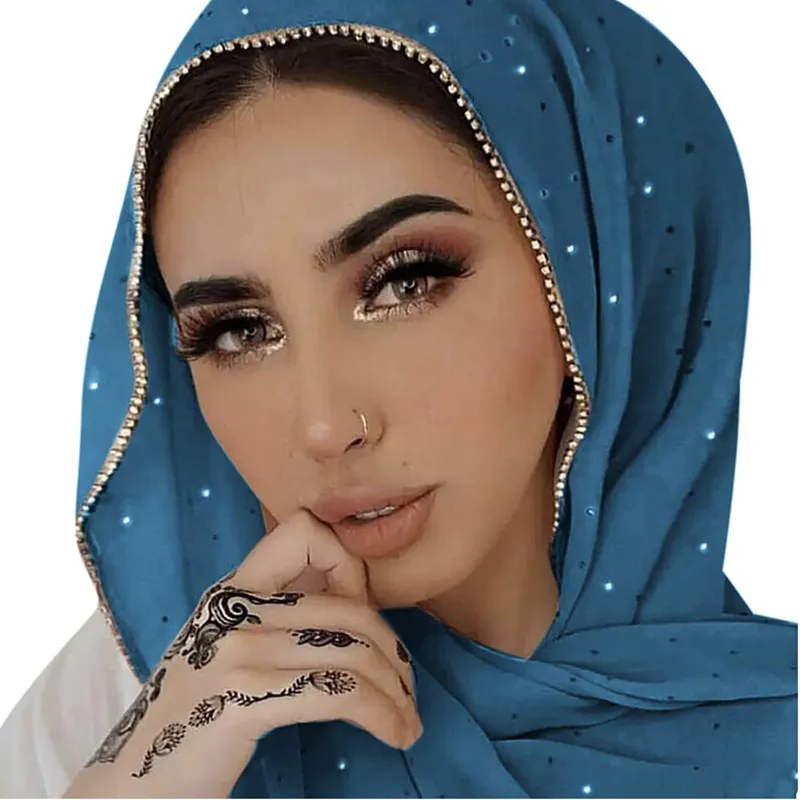 Women Casual Solid Color Chiffon Rhinestone Hijab Scarf Long 180*70