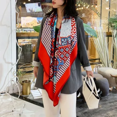 Women's Fashion Elegant Floral Printed 130x130cm Square Scarf Polyester