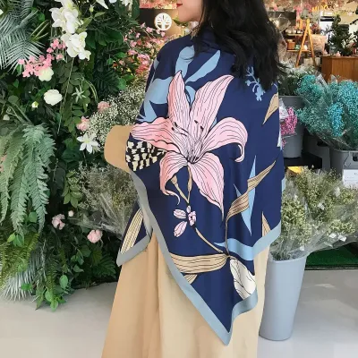 Women's Fashion Elegant Floral Printed 130x130cm Square Scarf Polyester