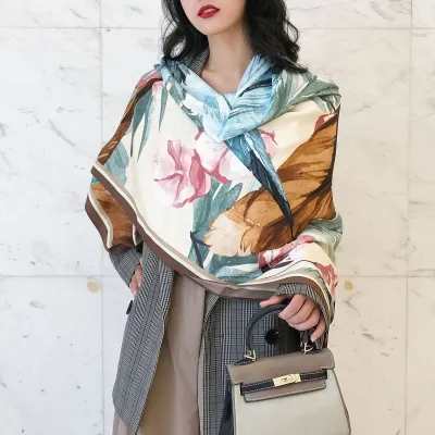 Women's Fashion Elegant Floral Printed 130x130cm Square Scarf Polyester
