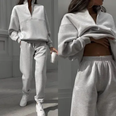 Women Fashion Casual Thickened Long-Sleeve Sweatshirt Slim Fit High Waist Pants Two-Piece Set
