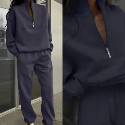 Women Fashion Casual Thickened Long-Sleeve Sweatshirt Slim Fit High Waist Pants Two-Piece Set