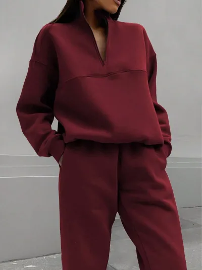 Women Fashion Casual Thickened Long-Sleeve Sweatshirt Slim Fit High Waist Pants Two-Piece Set