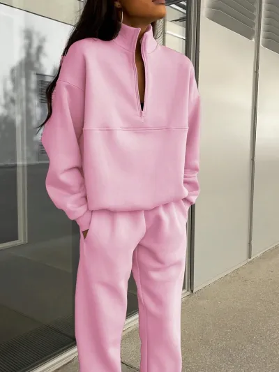 Women Fashion Casual Thickened Long-Sleeve Sweatshirt Slim Fit High Waist Pants Two-Piece Set