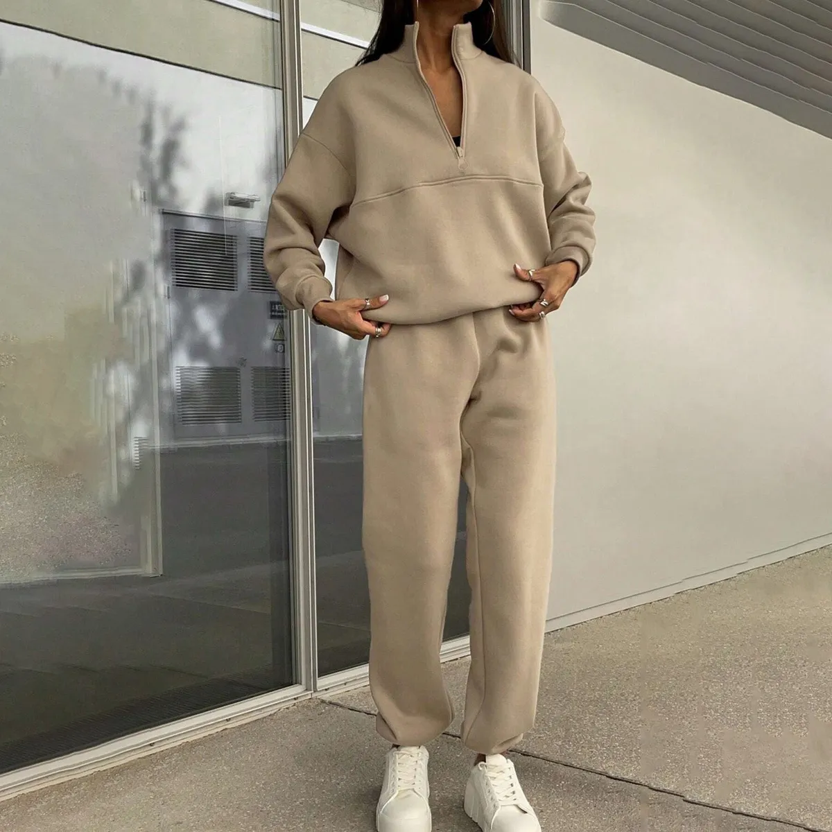 Women Fashion Casual Thickened Long-Sleeve Sweatshirt Slim Fit High Waist Pants Two-Piece Set
