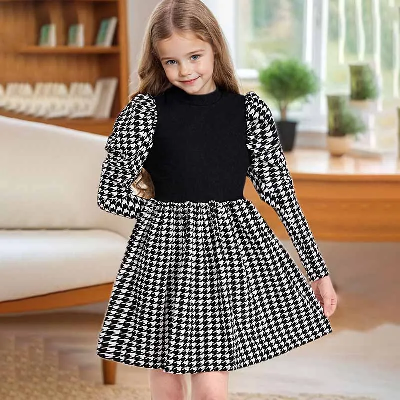 Kids Toddler Girls Fashion Casual Long Sleeve Houndstooth A-Line Dress