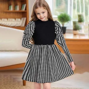 Kids Toddler Girls Fashion Casual Long Sleeve Houndstooth A-Line Dress