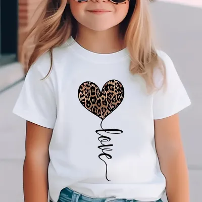 Kids Toddler Girls Casual Heart Print Short Sleeve Crewneck T-Shirt